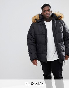 Черное дутое пальто с меховой отделкой на капюшоне River Island Big And Tall - Черный