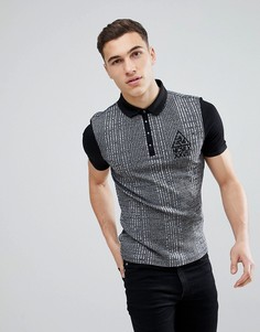 Черно-серая облегающая футболка-поло в рубчик River Island - Черный