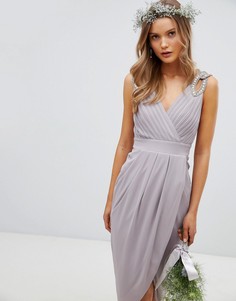 Платье миди с запахом и отделкой на плечах TFNC Bridesmaid - Серый