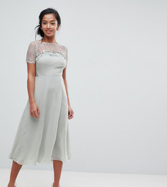 Платье миди с кружевом и цветочной отделкой ASOS PETITE - Зеленый