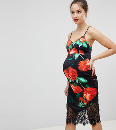 Облегающее платье миди на бретелях с принтом роз и кружевом ASOS MATERNITY - Мульти