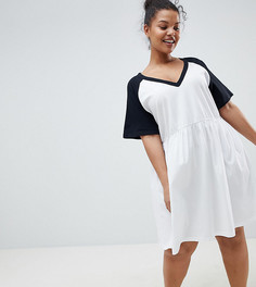 Свободное платье с V-образным вырезом и контрастными рукавами ASOS DESIGN Curve - Белый