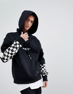 Черный oversize-худи с рукавами в шахматную клетку Sixth June - Черный