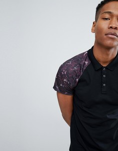 Футболка-поло черного цвета с рукавами реглан и цветочным принтом Burton Menswear - Черный