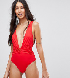 Слитный купальник со сборками спереди и глубоким вырезом ASOS TALL - Красный
