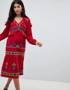 Платье миди с ацтекской вышивкой и оборками ASOS DESIGN Premium - Красный