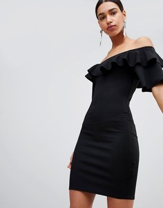 Облегающее платье из жатой ткани с открытыми плечами и оборками Fashion Union - Черный