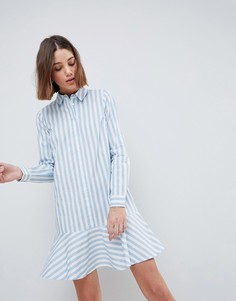Хлопковое платье-рубашка в полоску с баской ASOS - Мульти