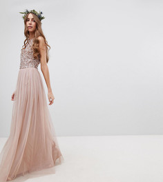 Платье макси без рукавов с пайетками на топе и вырезом на спине Maya Tall Bridesmaid - Коричневый