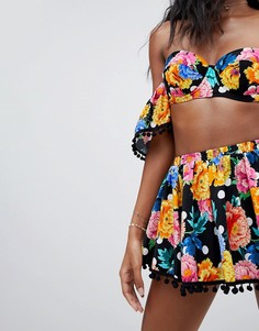 Плавки бикини с цветочным принтом и помпонами ASOS DESIGN - Мульти