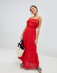 Ярусное платье макси на бретелях с вышивкой ришелье ASOS DESIGN - Красный