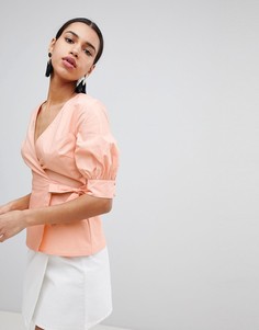 Топ с запахом и пышными рукавами Fashion Union - Оранжевый