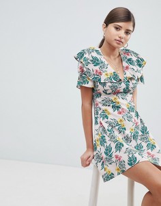 Чайное платье с рукавами клеш и тропическим принтом Fashion Union - Мульти
