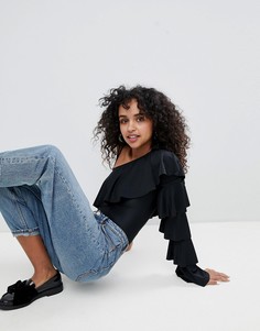 Боди на одно плечо с оборкой Monki - Черный