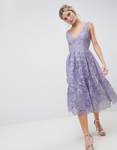 Кружевное платье миди для выпускного с глубоким вырезом ASOS DESIGN - Фиолетовый