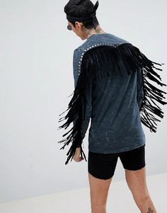 Удлиненный лонгслив с бахромой и заклепками на спине ASOS DESIGN - Серый