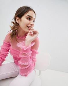 Прозрачный топ с оборками Monki - Розовый