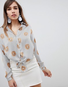 Атласная рубашка в полоску с принтом львов и завязкой ASOS DESIGN - Мульти