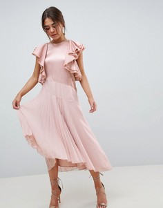 Платье миди с плиссировкой и оборками на рукавах ASOS DESIGN - Мульти