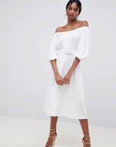 Платье миди с открытыми плечами и поясом ASOS DESIGN - Белый