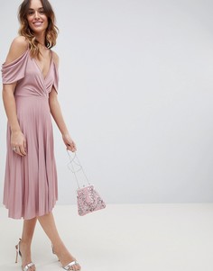 Плиссированное платье миди с открытыми плечами ASOS DESIGN - Розовый