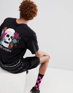 Черная футболка с цветочным принтом и черепом на спине Stussy - Черный