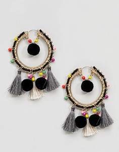 Серьги-кольца с помпонами, кисточками и разноцветным бисером ASOS DESIGN - Золотой