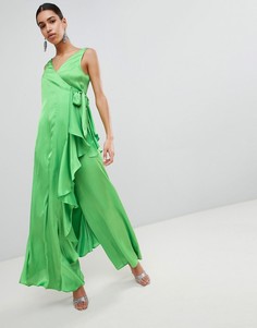 Атласный комбинезон с запахом и каскадной оборкой ASOS - Зеленый