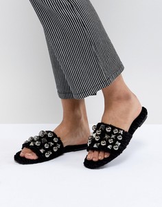 Шлепанцы с заклепками и отделкой искусственным мехом Steve Madden - Черный