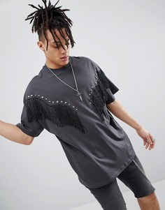 Черная выбеленная оверсайз-футболка с бахромой и заклепками ASOS DESIGN - Серый