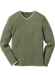 Пуловер Regular Fit с V-образным вырезом (оливковый) Bonprix