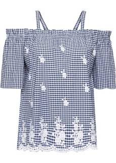 Блузка с вырезом-кармен и вышивкой (темно-синий/кремовый в клетку) Bonprix