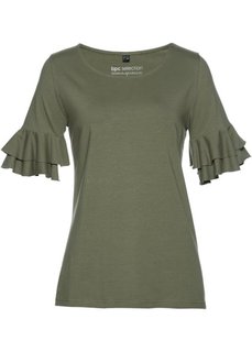 Футболка с воланами (оливковый) Bonprix