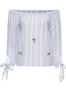 Блузка с вырезом-кармен и вышивкой (белый/нежно-голубой в полоску) Bonprix