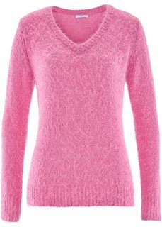 Пушистый пуловер с V-образным вырезом (ярко-розовый матовый) Bonprix