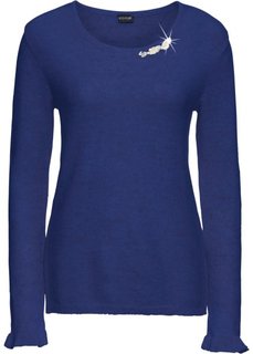 Пуловер с воланом и аппликацией из страз (ночная синь) Bonprix