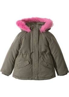 Куртка на ватной подкладке и с капюшоном с опушкой из искусственного меха (темно-оливковый/ярко-розовый фламинго) Bonprix