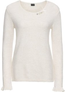 Пуловер с воланом и аппликацией из страз (цвет белой шерсти) Bonprix