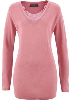Удлиненный пуловер с кружевом (пепельно-розовый) Bonprix