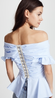 Jonathan Simkhai Wrapped Oxford Off Shoulder Peplum Top