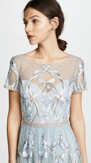 Marchesa Notte Embroidered Gown with Metallic Lace Trim