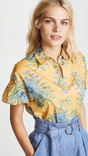 Madewell Yellow Van Gogh Floral Printed Ruffle Sleeve Shirt