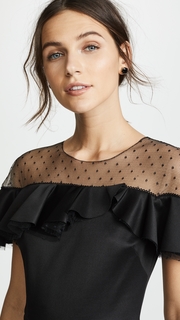 Marchesa Notte Neoprene Cocktail Dress with Point dEsprit Yoke &amp; Ruffles