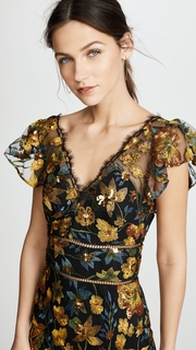 Marchesa Notte Embroidered Cocktail Dress with Flutter Sleeves