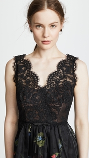 Marchesa Notte Embroidered Cocktail Dress with Lace Bodice