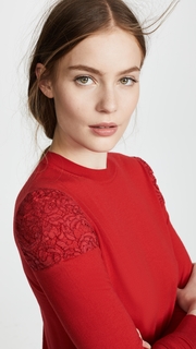 Adam Lippes Crew Neck Top with Lace Shoulders