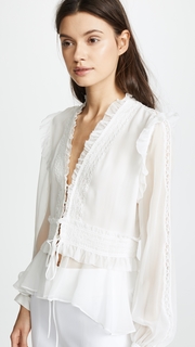 Jonathan Simkhai Mixed Trim Silk Blouse with Long Sleeves