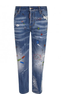 Укороченные джинсы прямого кроя с потертостями и принтом Dsquared2