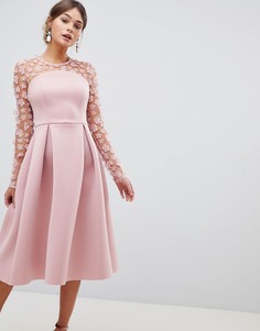 Платье миди для выпускного с рельефным цветочным кружевом ASOS DESIGN - Розовый