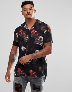 Черная рубашка с отложным воротником и цветочным принтом SikSilk - Черный